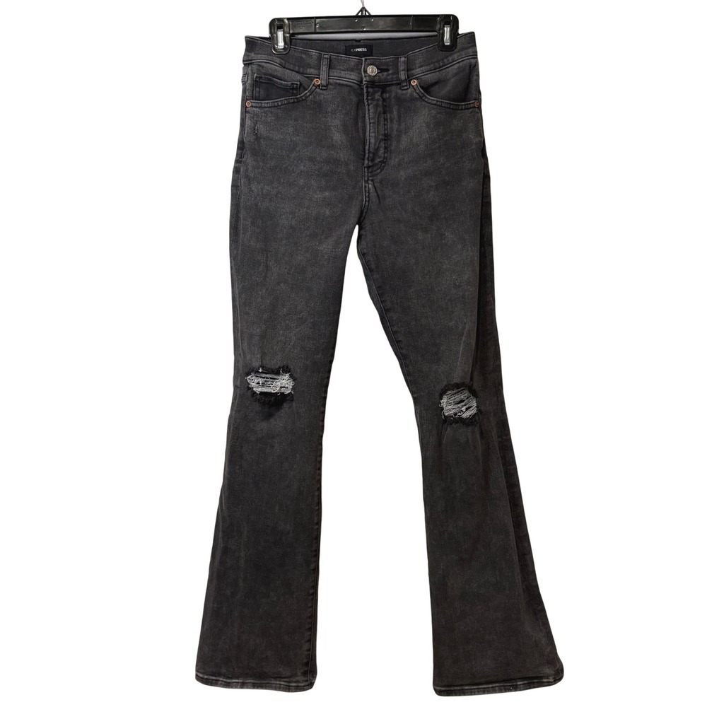 Express Womens‎ High Rise Bootcut Distressed Jeans Faded Black Size 8L Long Punk